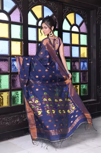 Navy blue cotton saree with zari borders