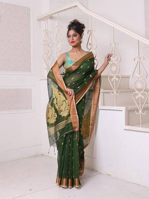 Green cotton saree with zari borders 1