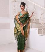 Green cotton saree with zari borders