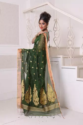 Green cotton saree with zari borders