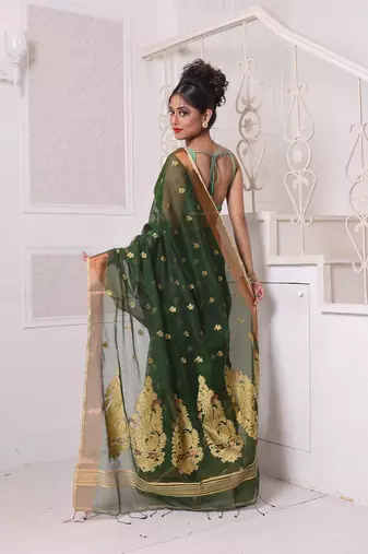 Green cotton saree with zari borders