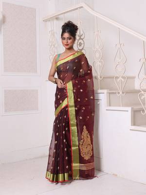 Maroon cotton saree with zari borders 1