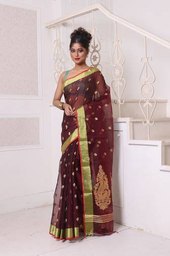 Maroon cotton saree with zari borders
