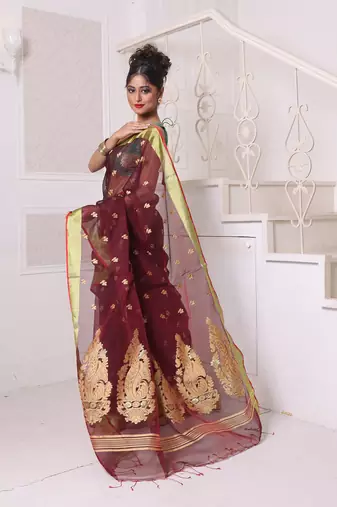 Maroon cotton saree with zari borders
