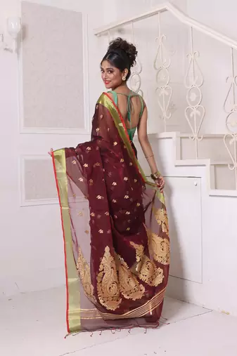 Maroon cotton saree with zari borders