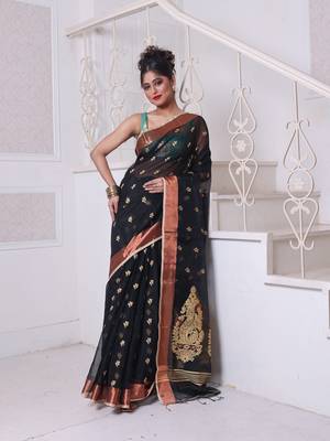 Black cotton saree with zari borders 1