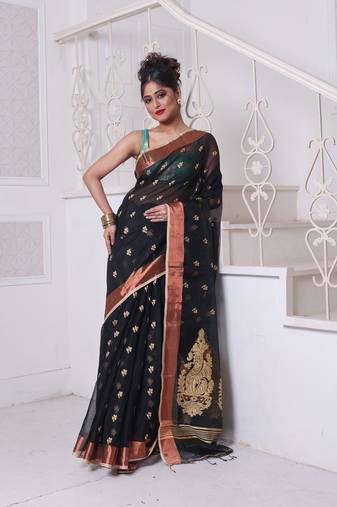 Black cotton saree with zari borders