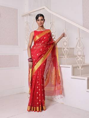 Red cotton saree with zari borders 1