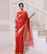 Red cotton saree with zari borders