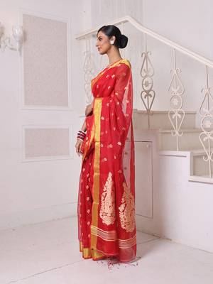 Red cotton saree with zari borders 2