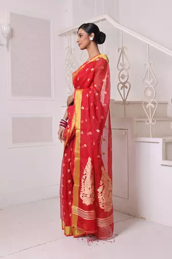 Red cotton saree with zari borders