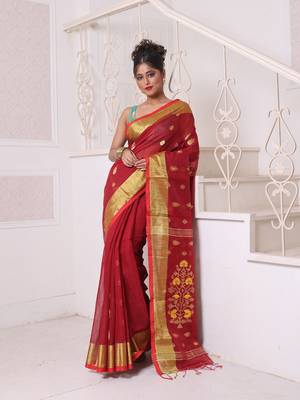 Maroon cotton saree with zari borders 1