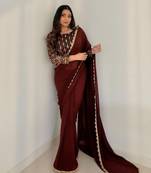 Coffee Colour Trending Multi Thread Work Blouse With Heavy Lace Border Saree