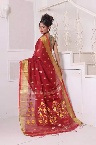 Maroon cotton saree with zari borders