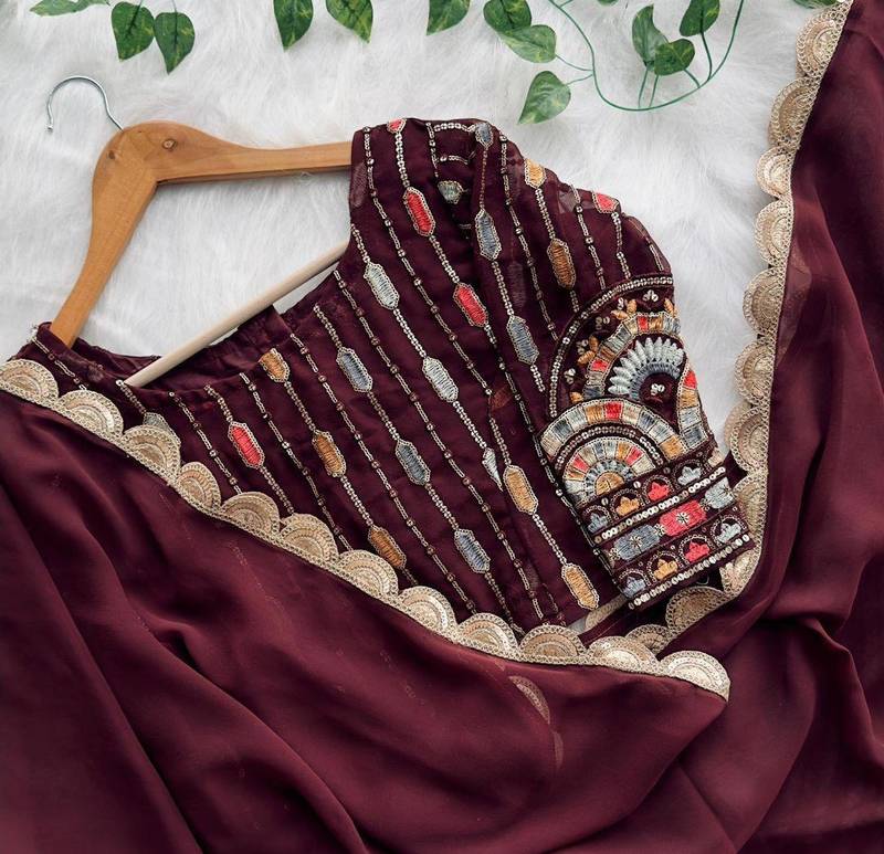 Coffee Colour Trending Multi Thread Work Blouse With Heavy Lace Border Saree