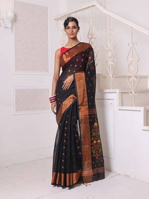 Black cotton saree with zari borders 1