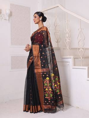 Black cotton saree with zari borders 2