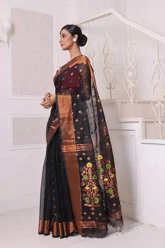 Black cotton saree with zari borders