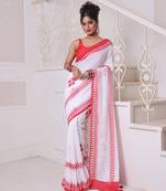 White hibiscus printed bengali style mulmul cotton soft saree