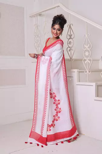 White hibiscus printed bengali style mulmul cotton soft saree