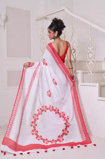White hibiscus printed bengali style mulmul cotton soft saree