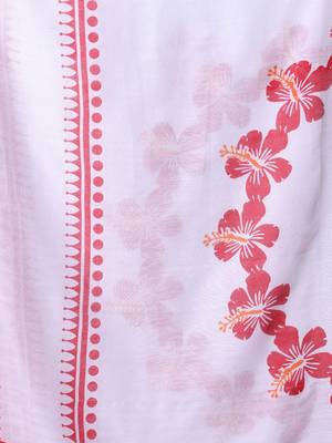 White hibiscus printed bengali style mulmul cotton soft saree 4