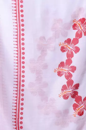 White hibiscus printed bengali style mulmul cotton soft saree