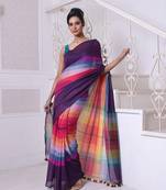 Violet and multicolor colorblocked mulmul cotton saree