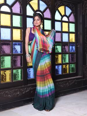 Bottle green and multicolor colorblocked mulmul cotton saree 1