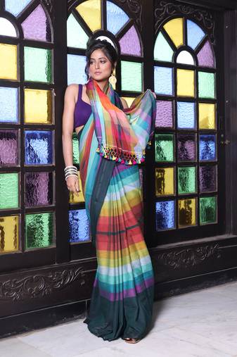 Bottle green and multicolor colorblocked mulmul cotton saree