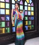 Bottle green and multicolor colorblocked mulmul cotton saree