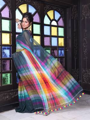 Bottle green and multicolor colorblocked mulmul cotton saree 2