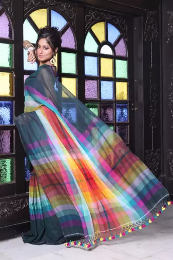 Bottle green and multicolor colorblocked mulmul cotton saree