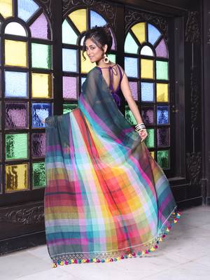 Bottle green and multicolor colorblocked mulmul cotton saree 3
