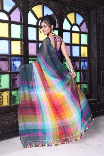 Bottle green and multicolor colorblocked mulmul cotton saree