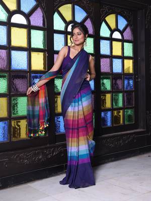 Navy blue and multicolor colorblocked mulmul cotton saree 1
