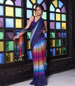 Navy blue and multicolor colorblocked mulmul cotton saree