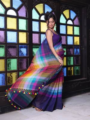Navy blue and multicolor colorblocked mulmul cotton saree 2