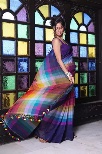Navy blue and multicolor colorblocked mulmul cotton saree
