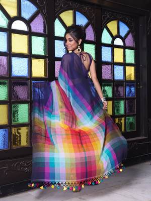 Navy blue and multicolor colorblocked mulmul cotton saree 3