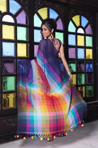Navy blue and multicolor colorblocked mulmul cotton saree