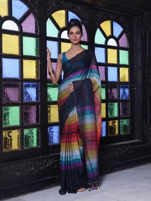 Black and multicolor colorblocked mulmul cotton saree 1