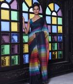 Black and multicolor colorblocked mulmul cotton saree