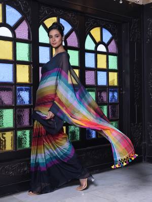 Black and multicolor colorblocked mulmul cotton saree 2