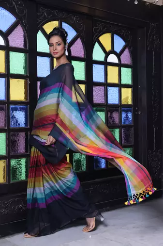 Black and multicolor colorblocked mulmul cotton saree