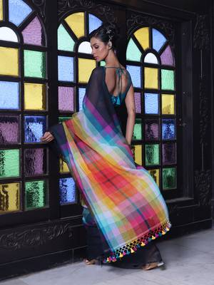 Black and multicolor colorblocked mulmul cotton saree 3