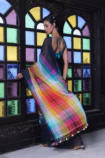 Black and multicolor colorblocked mulmul cotton saree