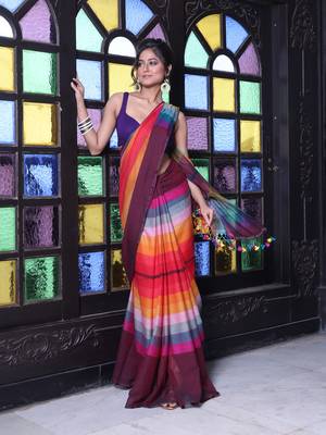 Maroon and multicolor colorblocked mulmul cotton saree 1