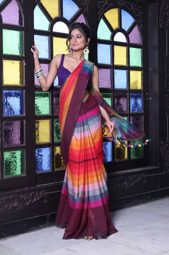 Maroon and multicolor colorblocked mulmul cotton saree