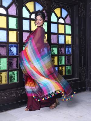 Maroon and multicolor colorblocked mulmul cotton saree 2